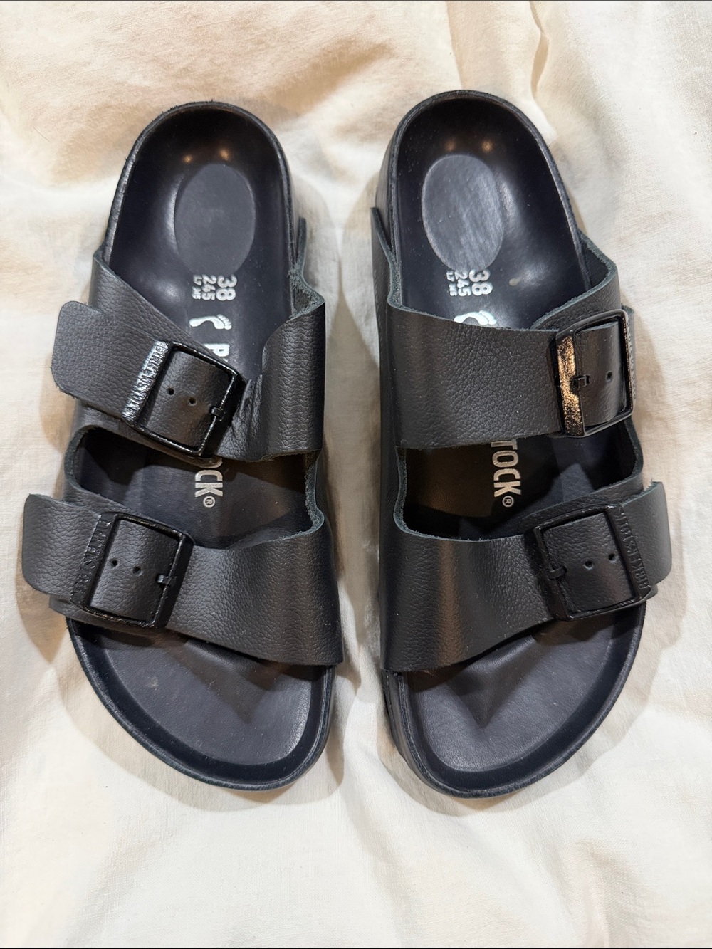 Birkenstock Black Leather Two-Buckle Slide Sandals size 38